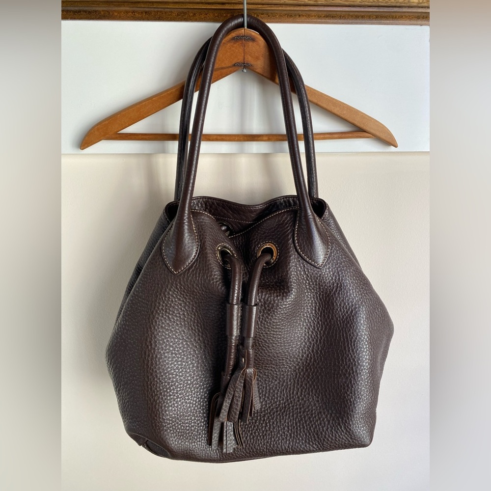 Dooney & Bourke Dark Brown Portofino Leather Grommet Drawstring Shopper Bag